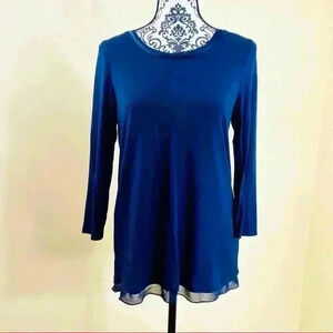 Marled Navy Blue Scoop Neck Long Sleeve Lace Underlay Super Soft Tunic Top (S)